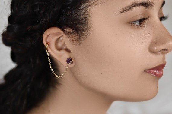 Gemstone Ear Stack Set – 14k Gold Filled or Silver Studs with Chain and Cuff Options