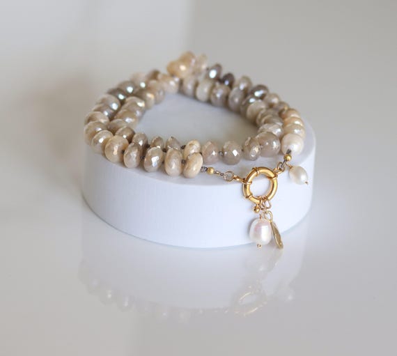 Moonstone Necklace, Baroque Pearl Charm, Hand Knotted Gemstone Jewelry, 14k Gold Filled, Luxury Gift for Her, Versatile Pendant Necklace