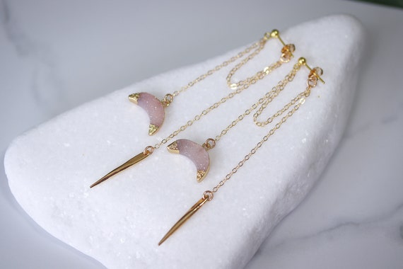 Druzy Moon Ear Jackets with Gold Spikes