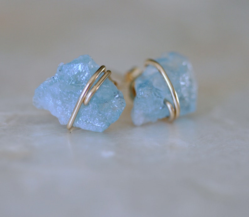 Aquamarine Earrings, March Birthstone Earrings, Raw Gemstone Earrings, Dainty Aquamarine Studs, Blue Crystal Earrings image 6