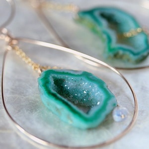 Green Geode Hoop Earrings, Geode Slice Earrings, Druzy Hoop Earrings image 1