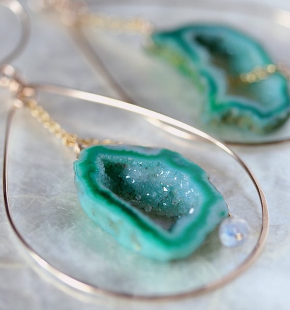 Green Geode Hoop Earrings