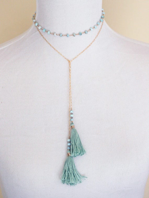Blue Larimar Lariat Necklace, Boho Necklace with Tassel, Gold Paper Clip Chain Necklace, Long Gold Wrap Necklace, Gift for Her