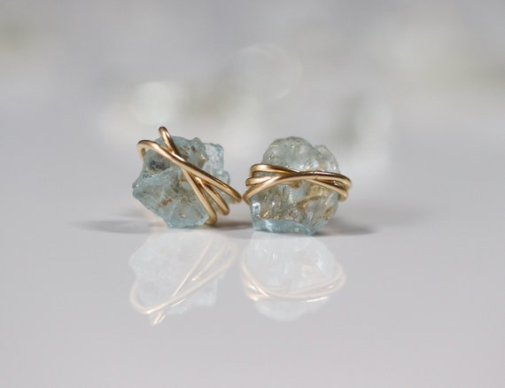 Aquamarine Earrings, March Birthstone Earrings, Raw Gemstone Earrings, Dainty Aquamarine Studs, Blue Crystal Earrings