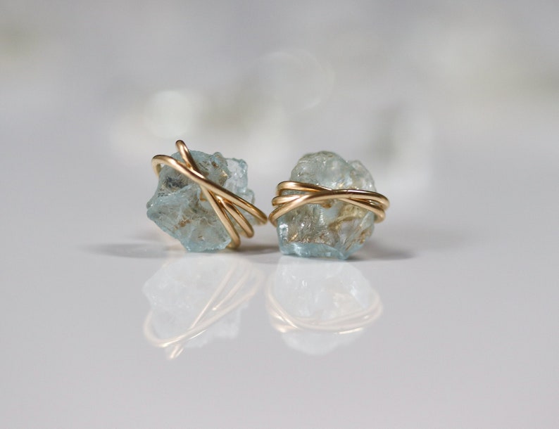 Aquamarine Earrings, March Birthstone Earrings, Raw Gemstone Earrings, Dainty Aquamarine Studs, Blue Crystal Earrings image 1