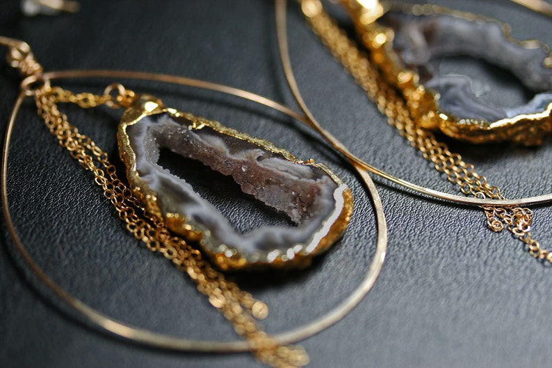 Druzy Earrings Large Hoop Earrings Geode Earrings Dark Grey Brown Druzy Earrings Drusy Earrings Hammered Hoop Earrings image 3