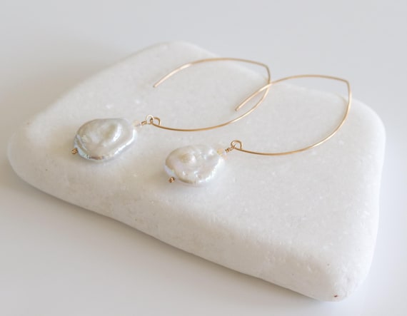 Large Baroque Pearl Earrings with Opal, Front Back Drop Earrings, Gold Filled or Sterling Silver