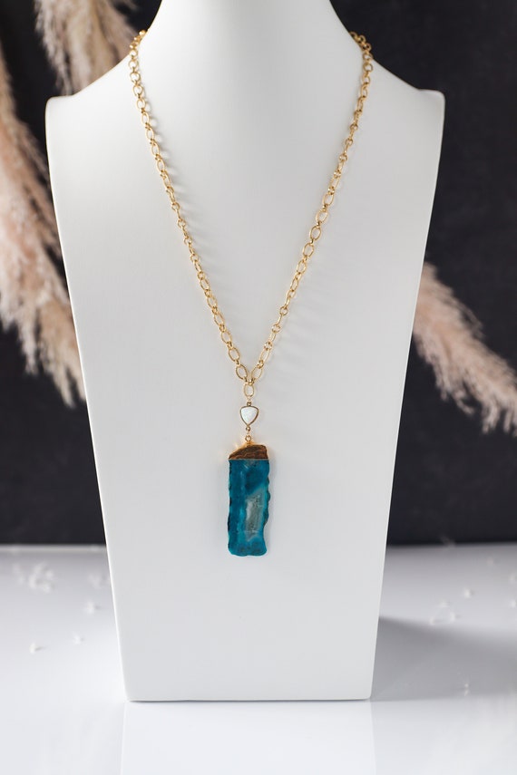 Chrysocolla Pendant Necklace on 14k Gold Filled Chain, Opal Accents, Statement Layering Necklace, Gift for Her