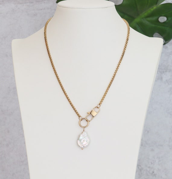 Baroque Pearl Necklace with Statement Clasp and Box Chain