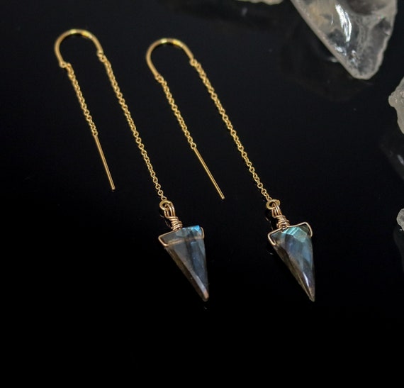 Labradorite Threader Earrings, Triangle Rose Cut Labradorite, Labradorite Point Earrings, Spike Threader Earrings, 14k Gold Filled Earrings