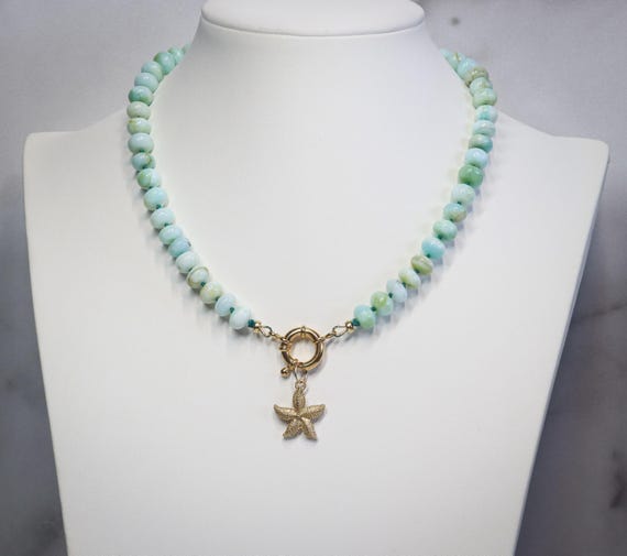 Peruvian Opal Beaded Necklace with Gold Clasp and Starfish Charm Pendant