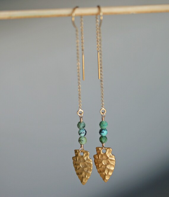 Gold Hammered Arrowhead Threader Earrings with Turquoise