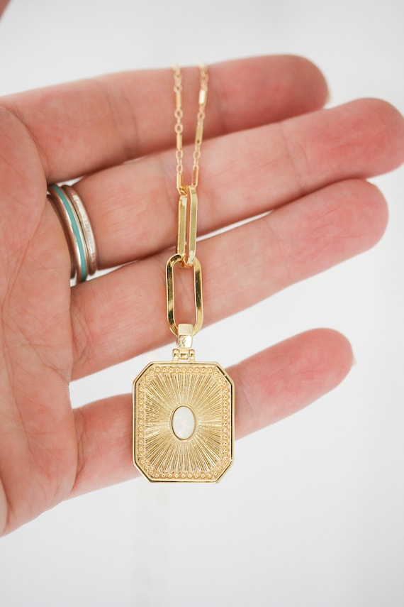 Gold Medallion Necklace, Starburst with Opal Pendant, 14K Gold Filled Chain, Layering Necklace, Gift for Her