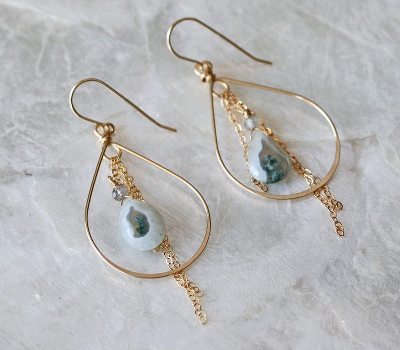 Peacock Solar Quartz Earrings Hoop Earrings with White Stone Hoop Earrings Solar Quartz Earrings Quartz Earrings Stone Hoop Earrings