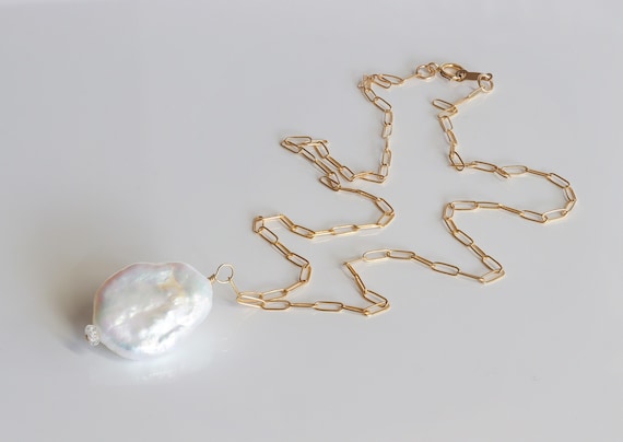 Baroque Pearl Necklace, Single Pearl Necklace, Large Statement Pearl on 14k Gold Filled Paperclip Chain, June Birthstone, Gift for her