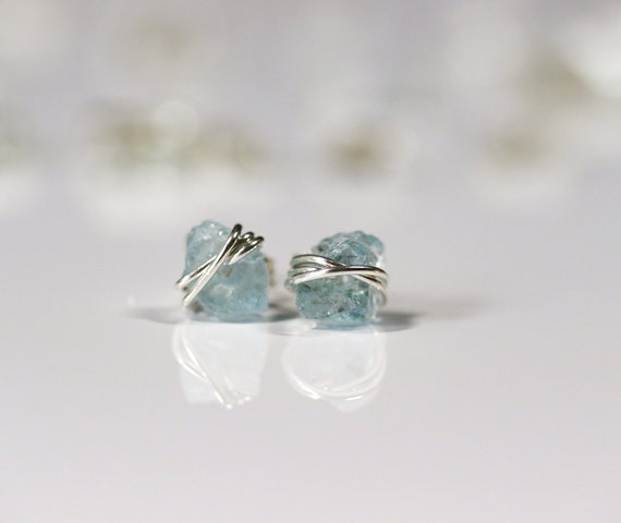 Raw Aquamarine Stud Earrings, Natural Aquamarine Earrings, Raw Blue Crystal Earrings, Blue Stud Earrings, March Birthstone, Birthday Gift