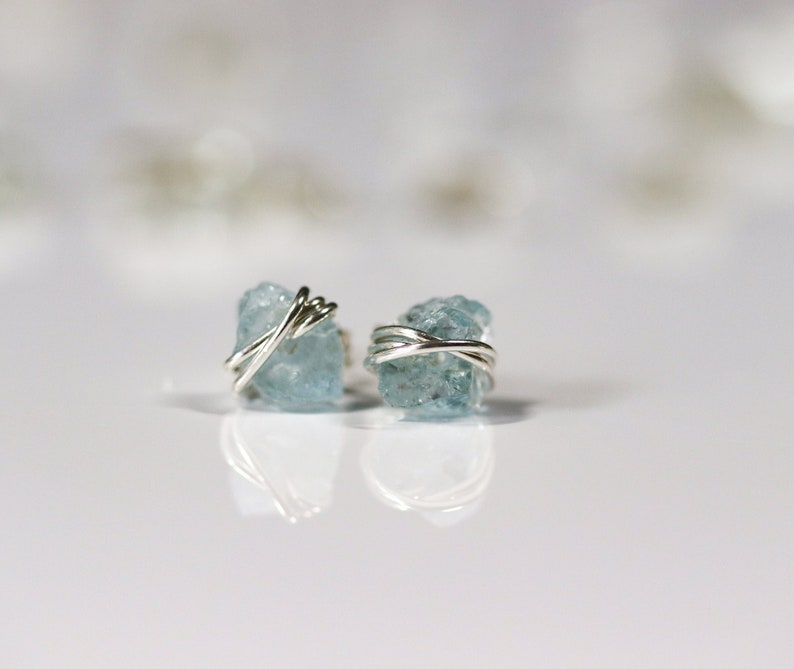 Aquamarine Earrings, March Birthstone Earrings, Raw Gemstone Earrings, Dainty Aquamarine Studs, Blue Crystal Earrings image 2