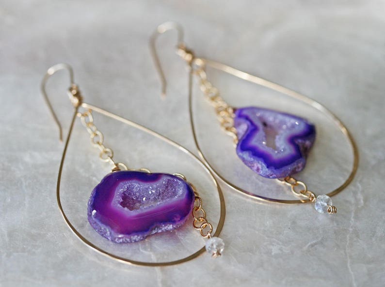 Geode Earrings Purple Geode Earrings Druzy Earrings Hoop Etsy