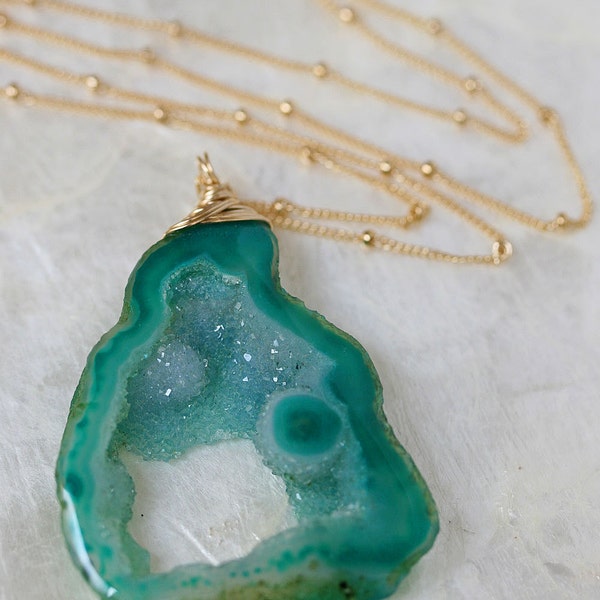Druzy Necklace || Geode Necklace || Green Druzy Necklace || Custom Geode Necklace || Geode Slice || Gold Satellite Chain