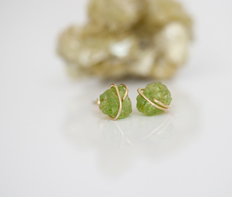 Raw Peridot Stud Earrings, Green Stud Earrings, Raw Gemstone Studs, August Birthstone, Birthstone Jewelry, Gift for Her image 1