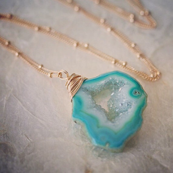 Green Druzy Geode Necklace on Satellite Chain