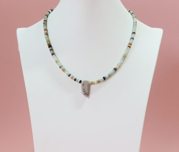 Boulder Opal Pendant, Beaded Layer Necklace, Amazonite Necklace, Multi Color beaded Necklace