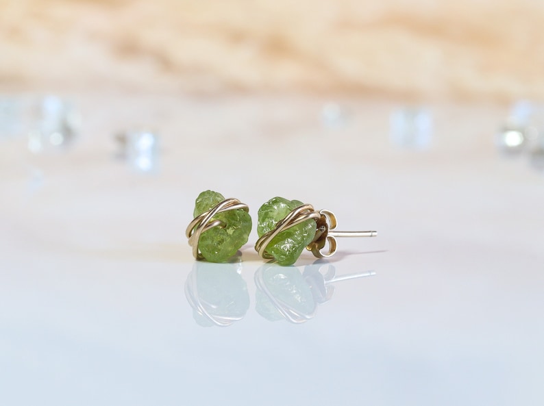 Raw Peridot Stud Earrings, Green Stud Earrings, Raw Gemstone Studs, August Birthstone, Birthstone Jewelry, Gift for Her image 2