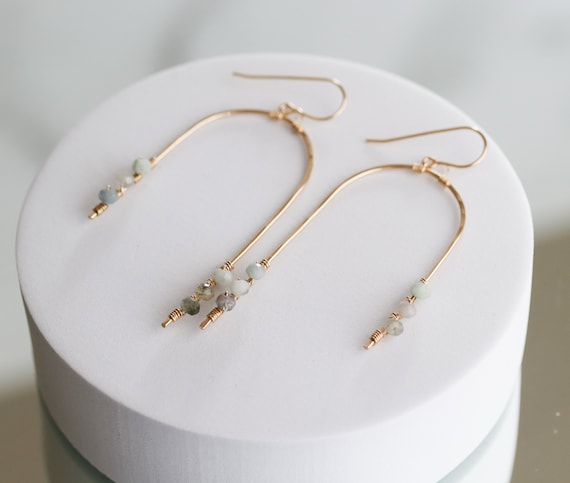 Hammered Gold Arch Earrings with Faceted Amazonite Gemstones, 14k Gold Filled Earrings, Statement Earrings