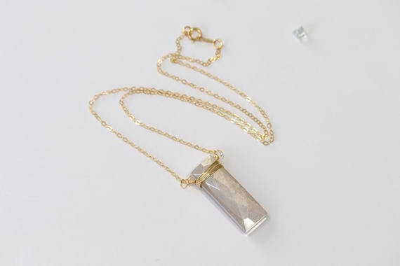 Grey Moonstone Bar Pendant on 14k Gold Filled or Sterling Silver Cable Chain