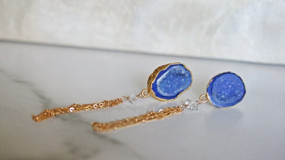 Druzy Earrings, Geode Cave Earrings, Blue Geode Earrings, Tassel Chain Earrings, Herkimer Diamond Earrings, Statement Earrings