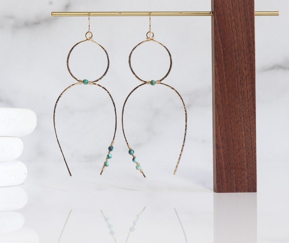 Gold Arch Earrings with Turquoise, Gold Statement Earrings, Boho Jewelry, Turquoise Earrings, Geometric Earrings, Large Hoop Earrings, Gift