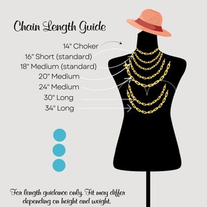 May include: A guide to chain necklace lengths, illustrated with a black mannequin wearing different lengths of gold chains. The lengths are labeled in inches: 14" Choker, 16" Short (standard), 18" Medium (standard), 20" Medium, 24" Medium, 30" Long, 34" Long. The text "For length guidance only. Fit may differ depending on height and weight." is at the bottom of the image.