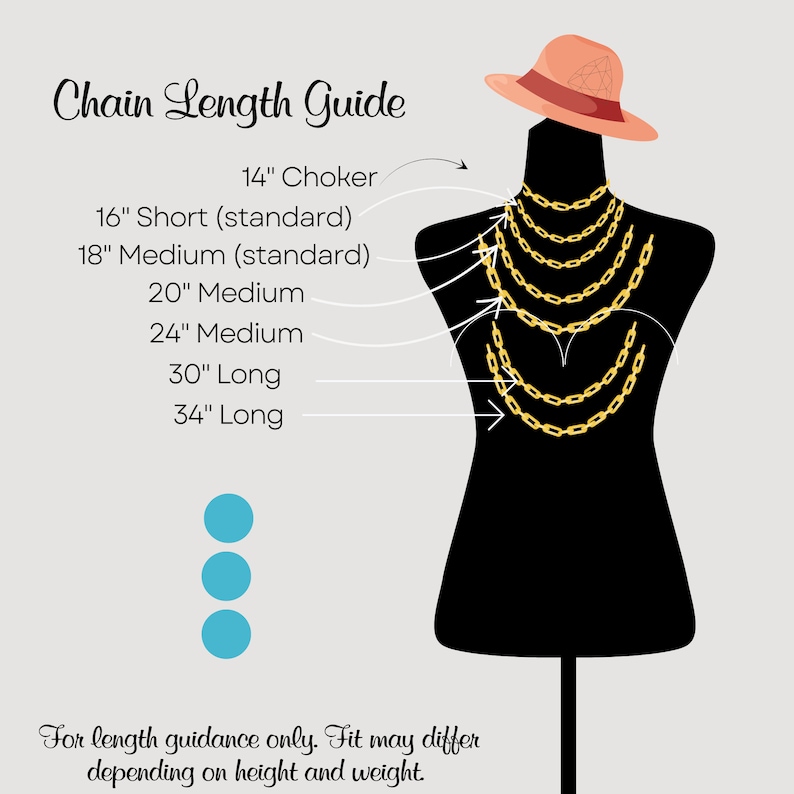 May include: A guide to chain necklace lengths, illustrated with a black mannequin wearing different lengths of gold chains. The lengths are labeled in inches: 14" Choker, 16" Short (standard), 18" Medium (standard), 20" Medium, 24" Medium, 30" Long, 34" Long. The text "For length guidance only. Fit may differ depending on height and weight." is at the bottom of the image.