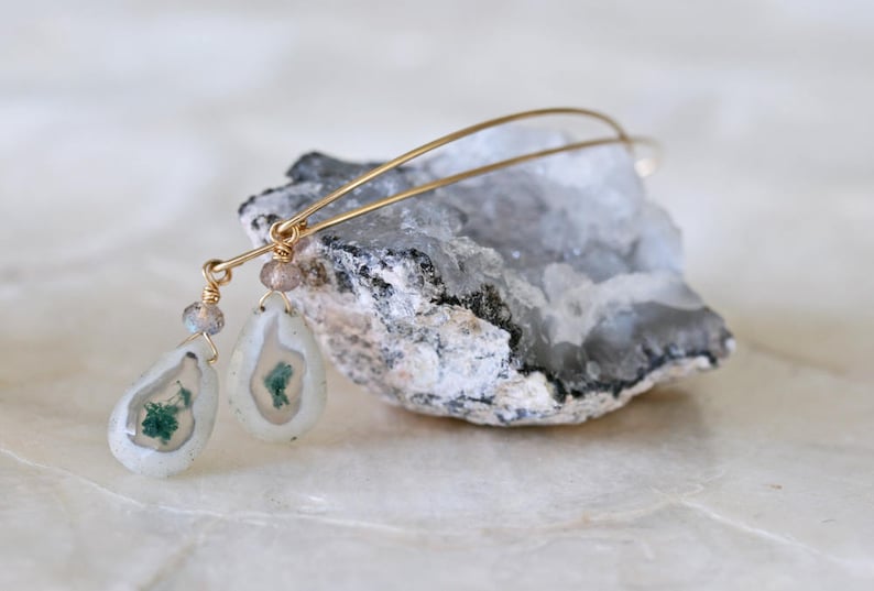 Peacock Solar Quartz Earrings Hoop Earrings with White Stone Hoop Earrings Solar Quartz Earrings Quartz Earrings Stone Hoop Earrings