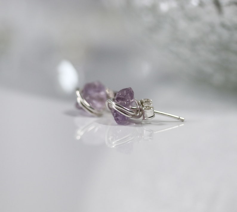 Raw Pink Amethyst Stud Earrings, Minimalist Earrings, Pink Crystal Earrings, February Birthstone, Birthday Gift, Sterling Silver, 14k Gold F zdjęcie 6