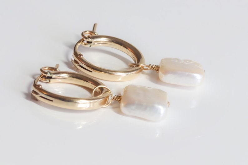 Small Pearl Hoops, Gold Earrings, Changeable Charm Earring, Huggie Hoops, Earring Gift Set, Stocking Stuffer, Hypoallergenic Earrings image 1