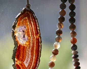 Long Beaded Necklace with Agate Slice Pendant, Boho Necklace, Purple and Brown Natural Stone Necklace, Layering Necklace