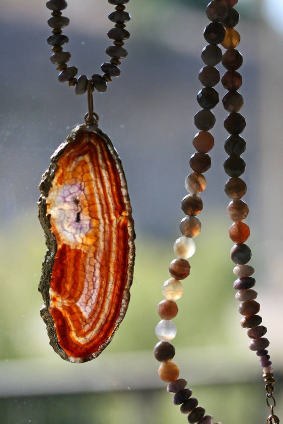 Long Agate Pendant Necklace with Beaded Gemstone Chain