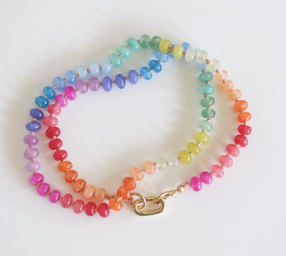 Candy Necklace, Bright Beaded Necklace, Multicolor Knotted Necklace, Front Claps Closure, Add a Charm Clasp, Summer Jewelry, Gift for her