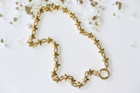 Gold Spike Choker Necklace, Large Ring Front Closure, Edgy Statement Jewelry, Gold Chain Choker, Gift for Her