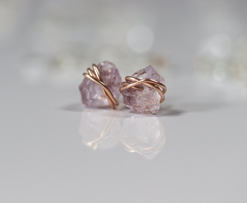 Raw Pink Amethyst Stud Earrings, Minimalist Earrings, Pink Crystal Earrings, February Birthstone, Birthday Gift, Sterling Silver, 14k Gold F Maximal Triple Wrap