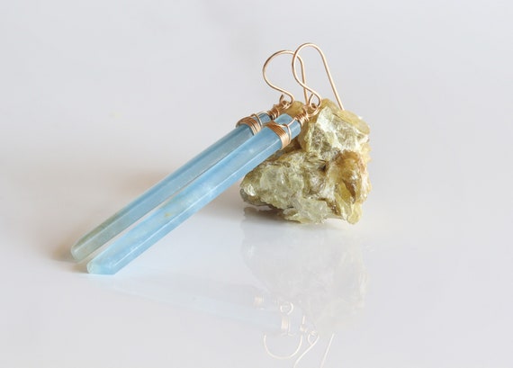 Blue Calcite Earring, Raw Gemstone Point Earrings, Blue Stone Earrings. Wire Wrapped Stone Earrings, Crystal Bar Earrings, Gift for Woman