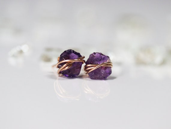 Amethyst Earrings, February Birthstone Earrings, Raw Gemstone Earrings, Raw Amethyst Studs, Dark Purple Amethyst