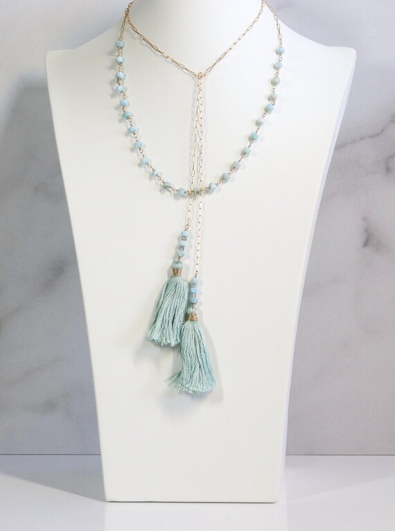 Larimar Lariat Necklace, Boho Necklace with Tassel, Gold Paper Clip Chain, Long Gold Wrap Necklace, Gift for Her