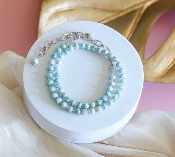 Beaded Larimar Necklace, Zircon Gemstones, Adjustable Length Choker, Layering Beaded Necklace, Light Blue, Sterling Silver, Gift for Her