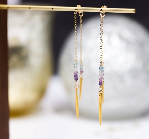 Rainbow Fluorite Double Chain Front and Back Earrings with Gold Spikes