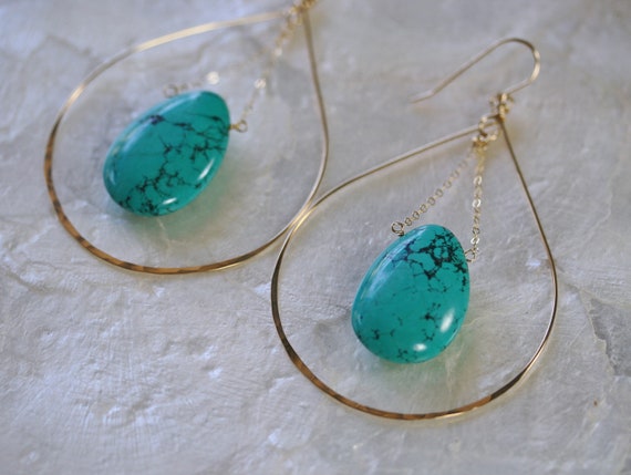 Big Gold Hoop Earrings with Turquoise