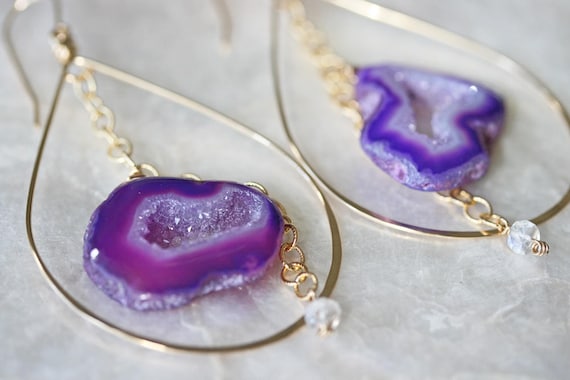 Geode Earrings, Purple Geode Earrings, Druzy Earrings, Hoop Earrings, Druzy Hoop Earrings, Purple Earrings, Moonstone Earrings