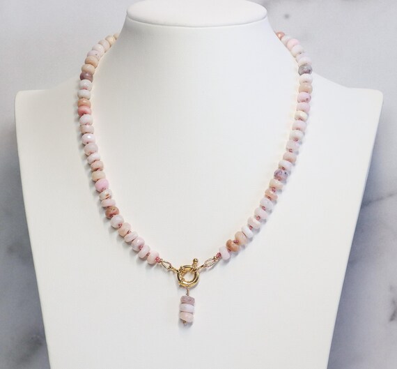 Pink Peruvian Opal Beaded Necklace, 14k Gold Filled Charm Holder, Hand-Knotted Silk