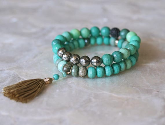 Faceted Chrysoprase Layered Bracelets with Silk Tassel and Pyrite